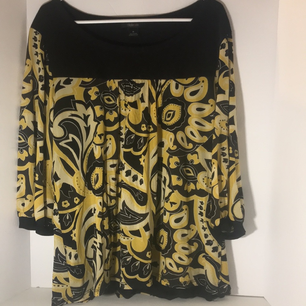 Style & Co. long sleeve xl black white yellow floral boat neckline office core